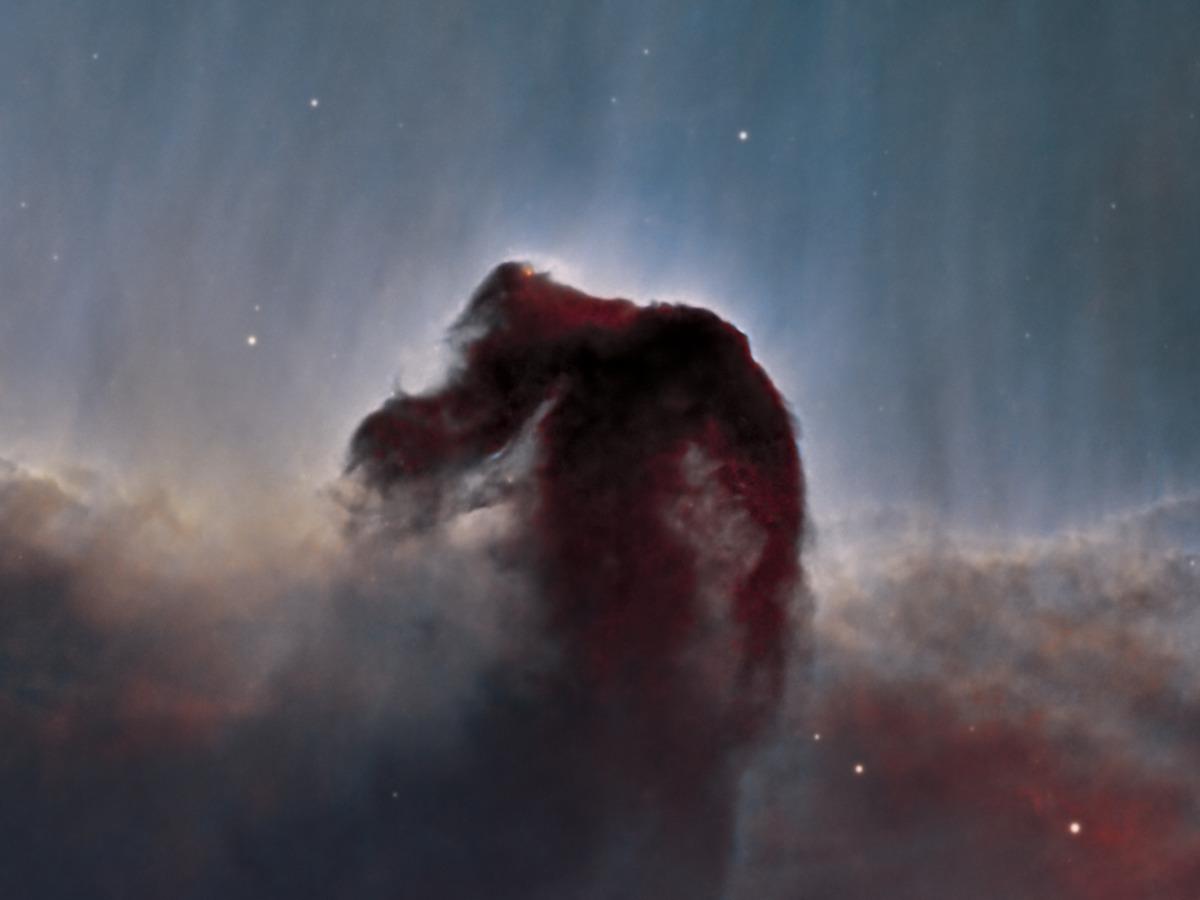 Close-up of the Horsehead Nebula, the dark dust column silhouetted against the bright background emission