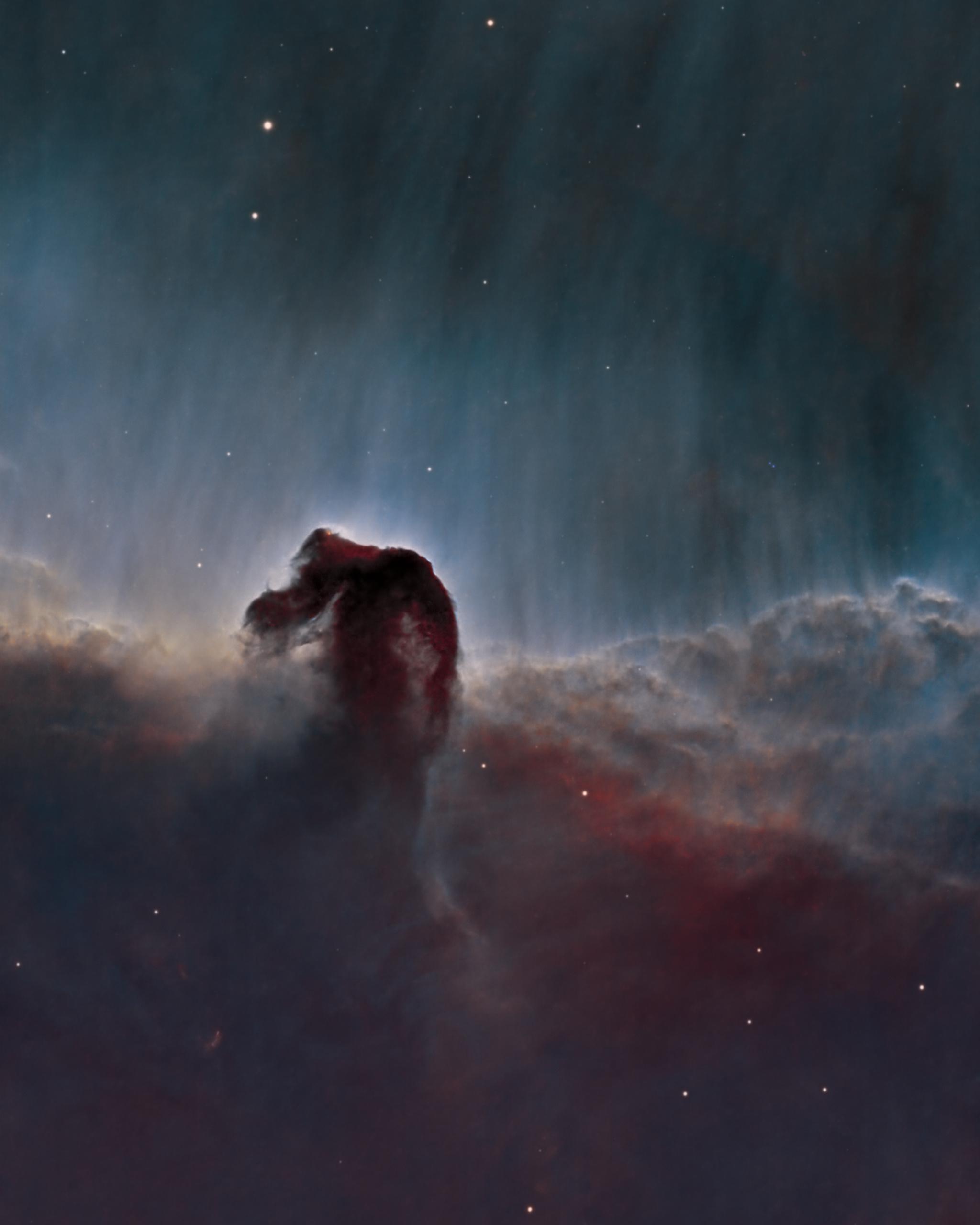 A dark column of dust shaped like a horse's head and neck, rising from a bank of grey-brown cloud that runs across the lower half of the frame and silhouetted against a pale teal glow streaked with fine vertical striations.