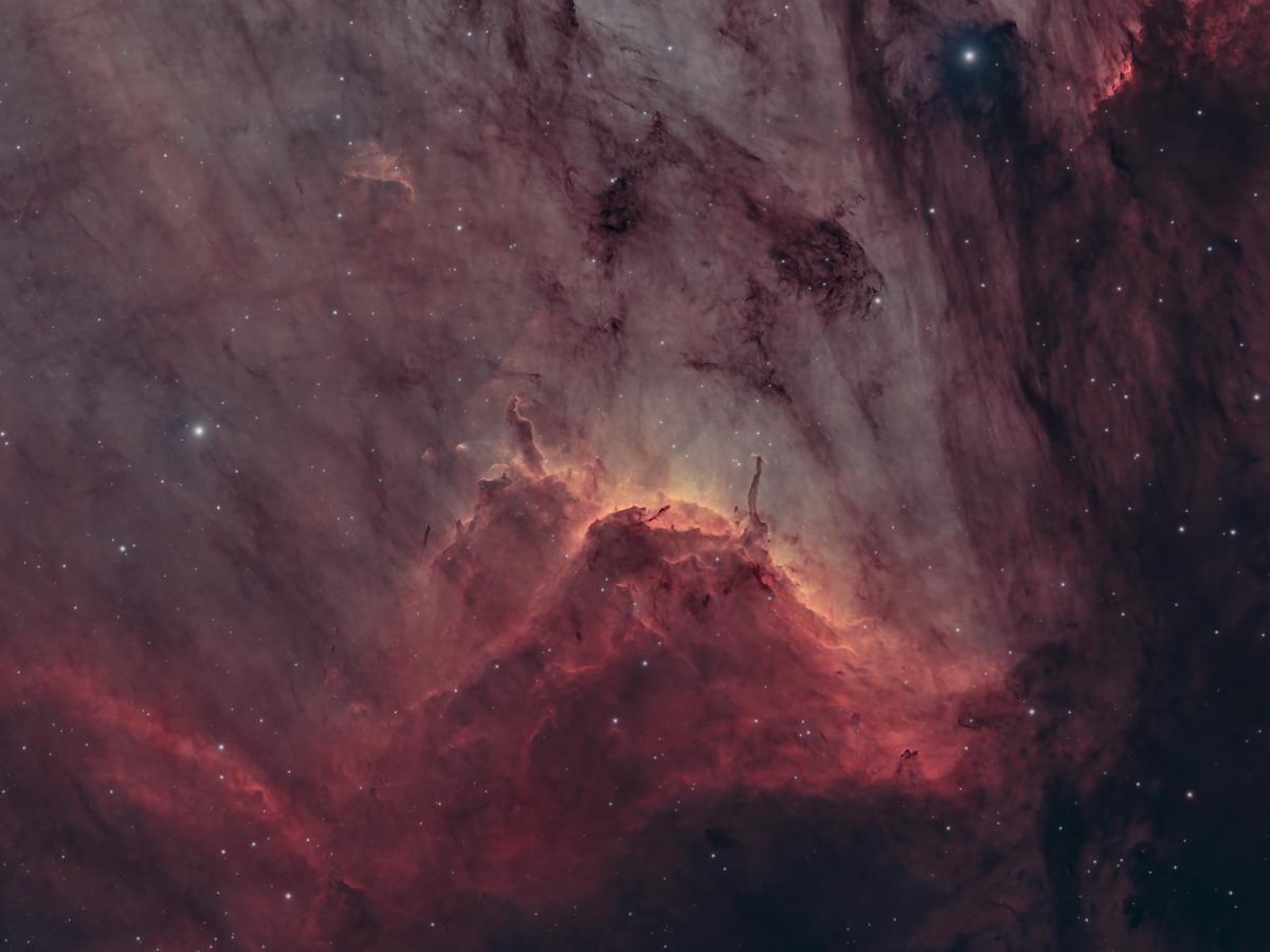Close-up of the bright ridge in IC 5070, its glowing edge lit against the surrounding dark dust and paler background nebulosity