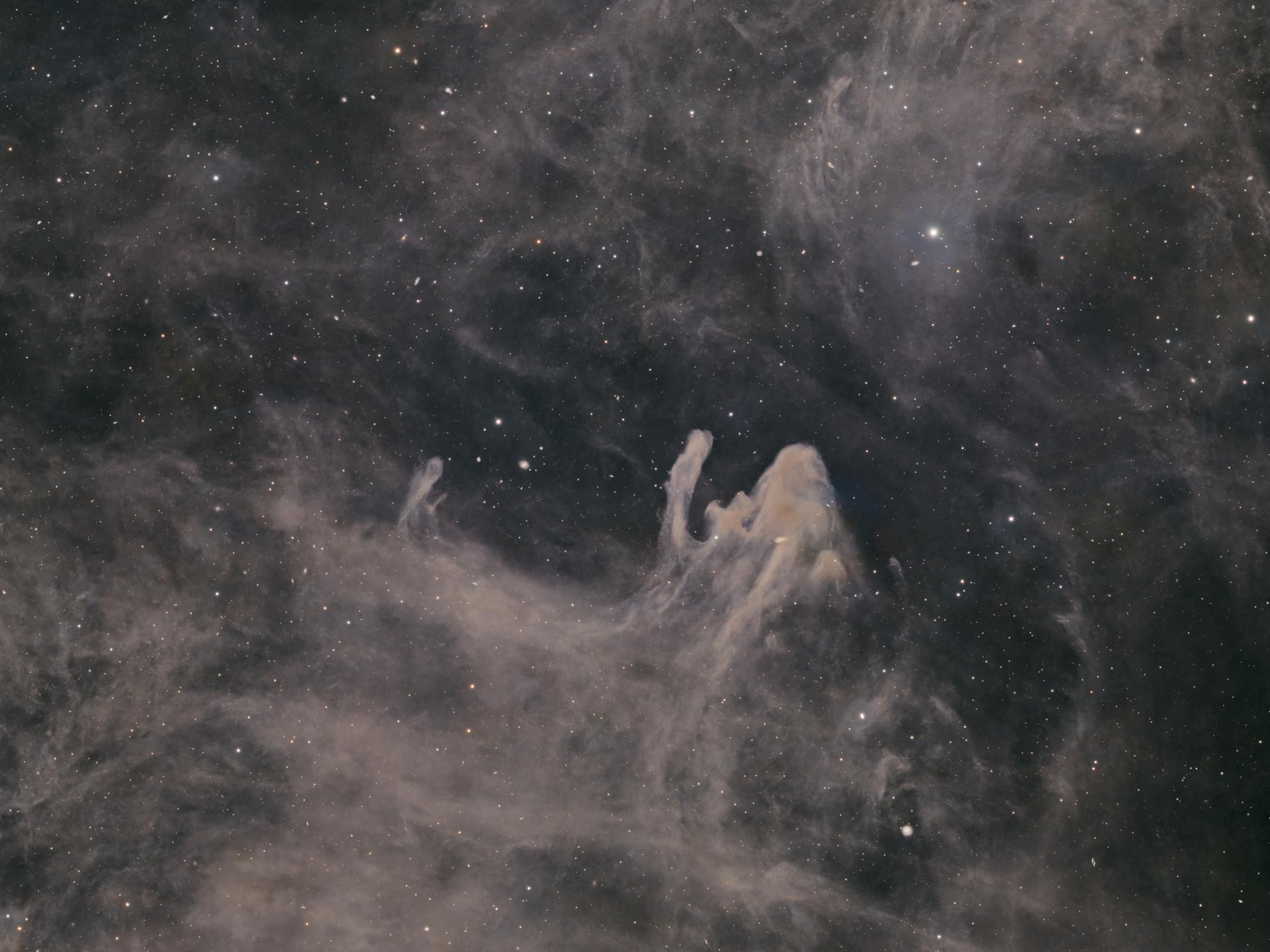 A pale brown dust cloud whose upward-curling plumes trail long streamers to the left, the whole shape reading as a falling human figure, set against a dark and thinly starred field.
