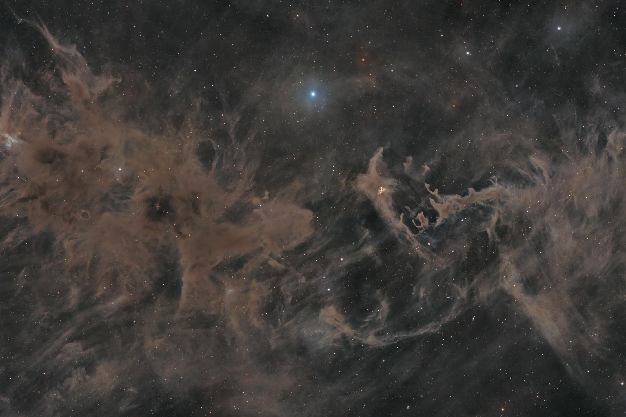 Two masses of brown and grey dust facing one another across a darker gap, each drawn out into curling, wind-blown tendrils, with a single bright blue-white star between them.