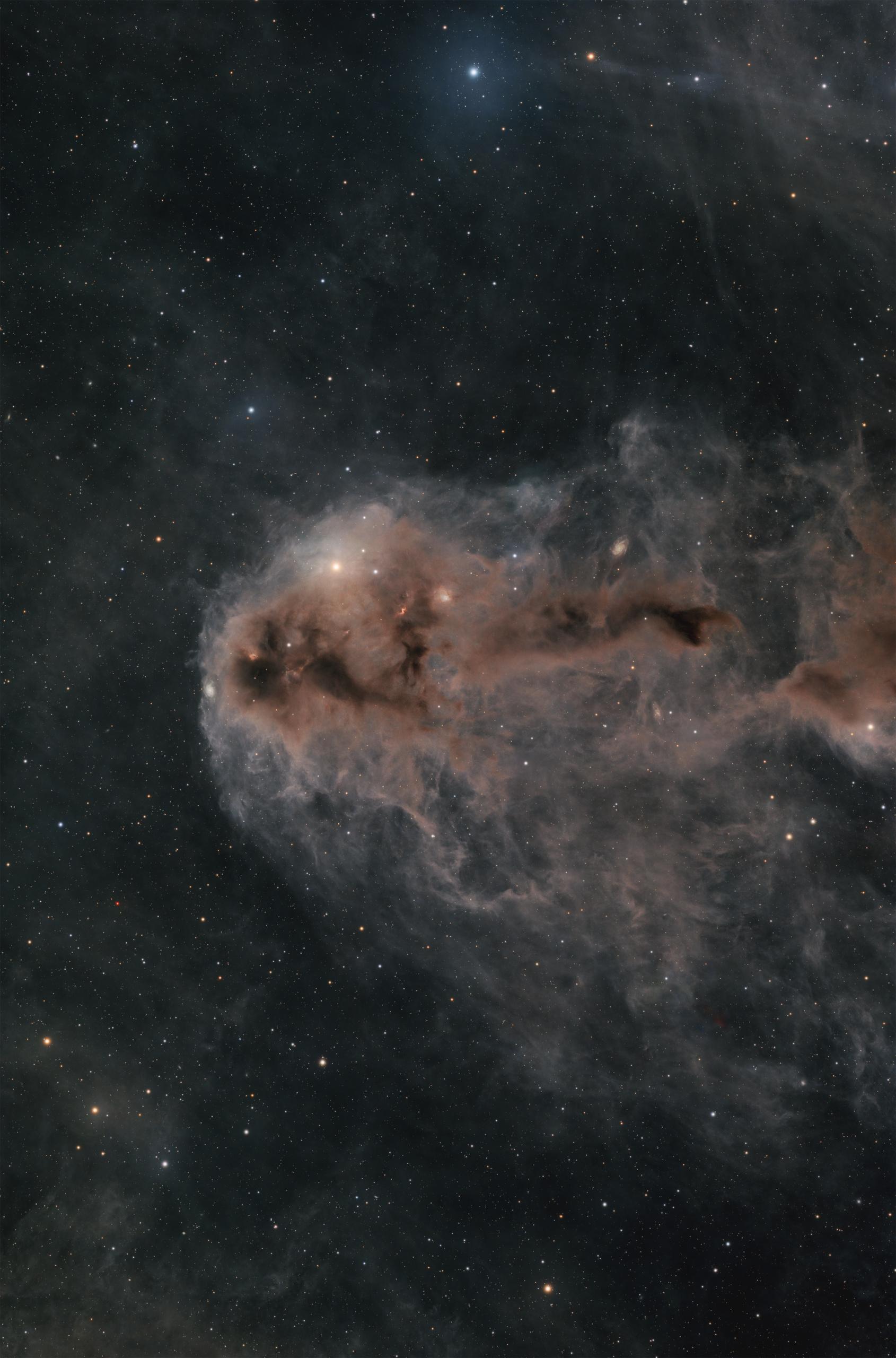 A long tapering cloud of brown dust lying across the frame, densest and most tangled at its left end and trailing away into thin grey wisps on the right, with a scatter of stars showing through the thinner parts.
